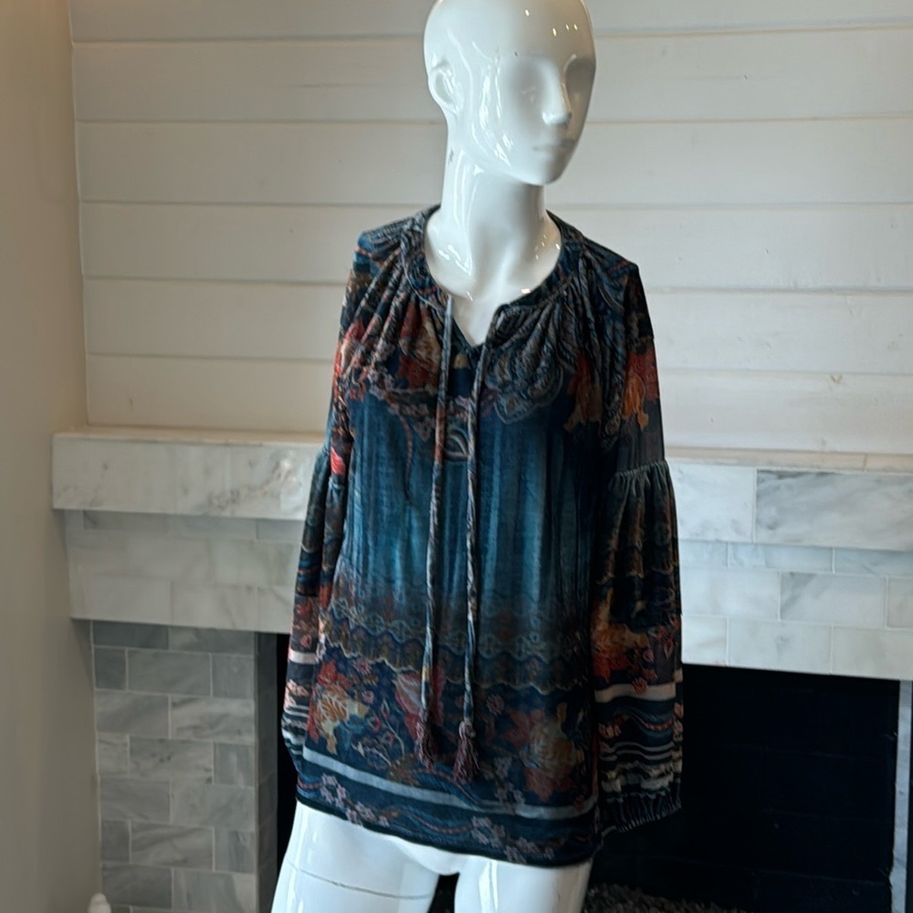 Vintage One World Bohemian Blue Multi Floral Peasant Top Size Small